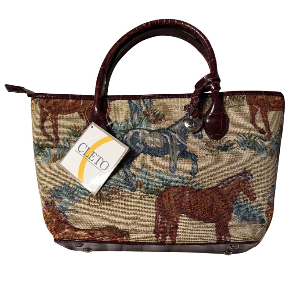 NWT! Cleto Horse Tapestry Tote Bag Croc Trim Heart Conchos Western Crossbody